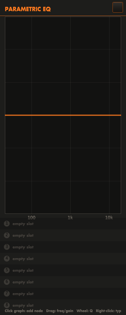 The docked parametric EQ panel showing the frequency graph and eight node slots