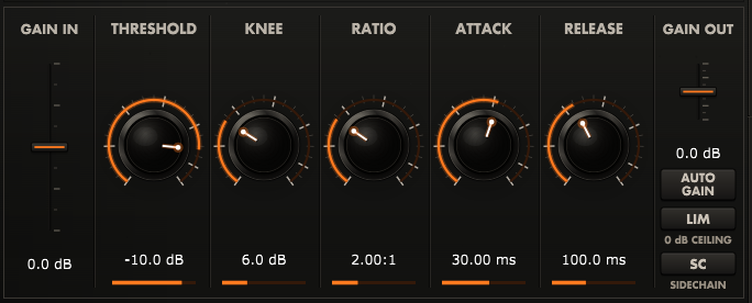 The VisualComp dynamics row: Gain In, Threshold, Knee, Ratio, Attack, Release, Gain Out with Auto Gain, LIM and SC buttons
