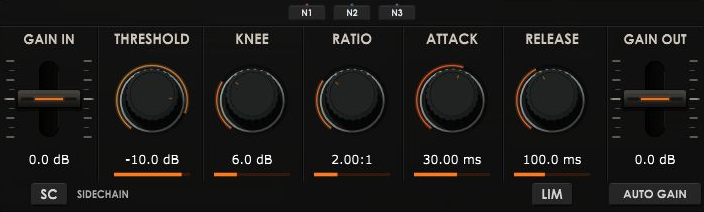 The VisualComp dynamics row: Gain In, Threshold, Knee, Ratio, Attack, Release, Gain Out with Auto Gain, LIM and SC buttons