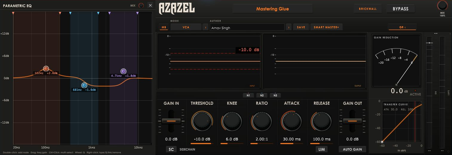 VisualComp 2.45 plugin interface showing the full compressor layout with EQ, dynamics, and metering