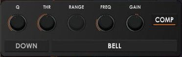 VisualComp 2.45 per-band popup with Q, Threshold, Range, Frequency and Gain controls, COMP, DOWN and BELL