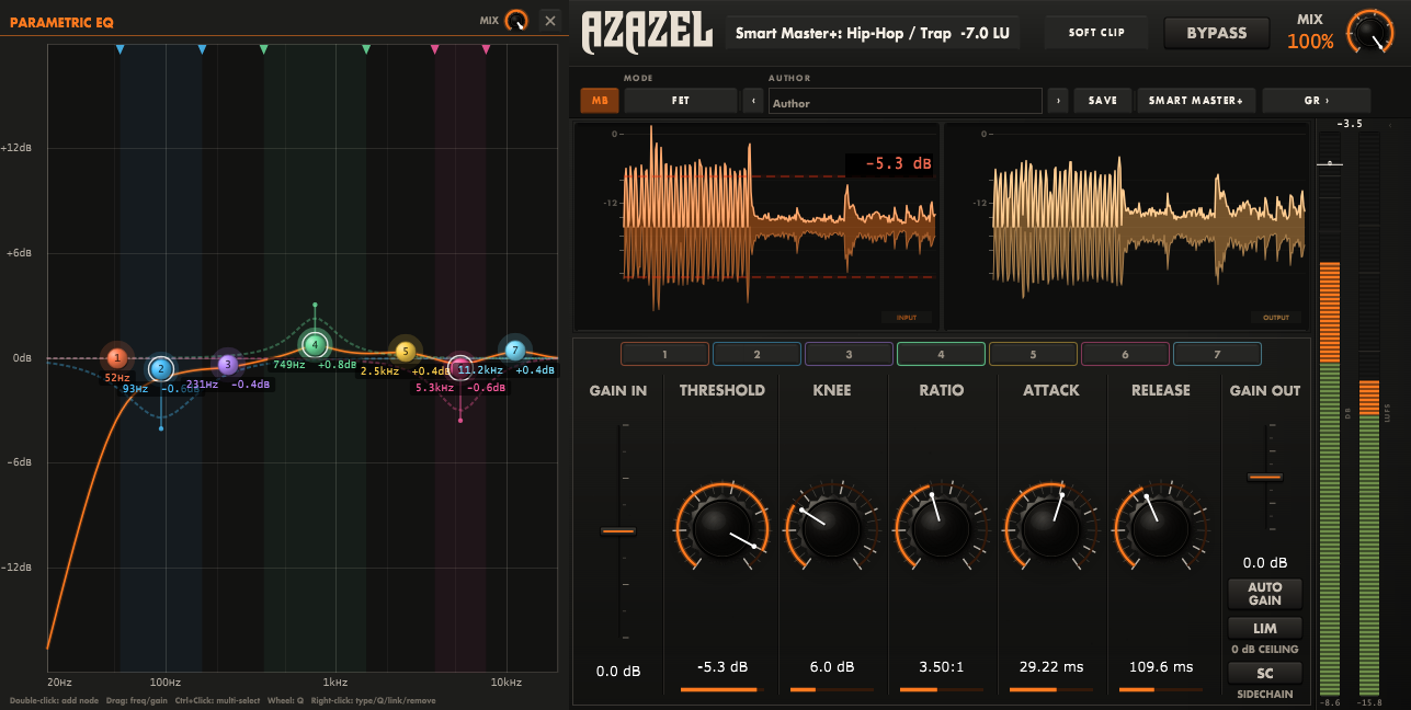 VisualComp plugin interface showing the full compressor layout with EQ, dynamics, and metering